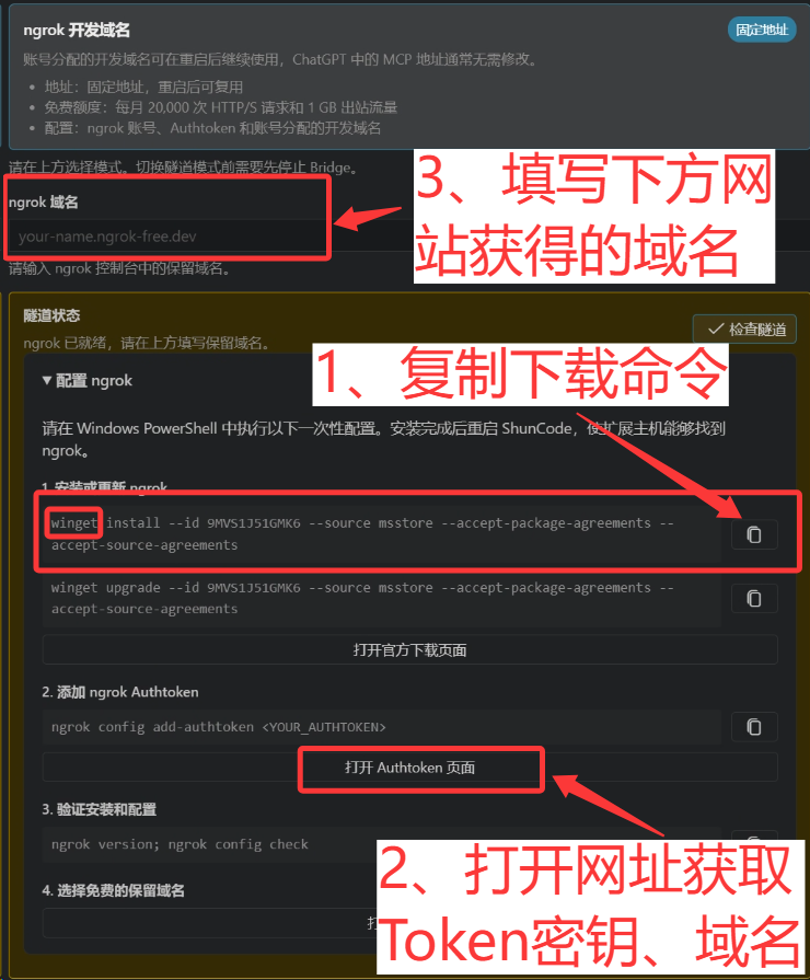 Ngrok 配置页:复制下载命令、打开 Authtoken 页面并填写域名