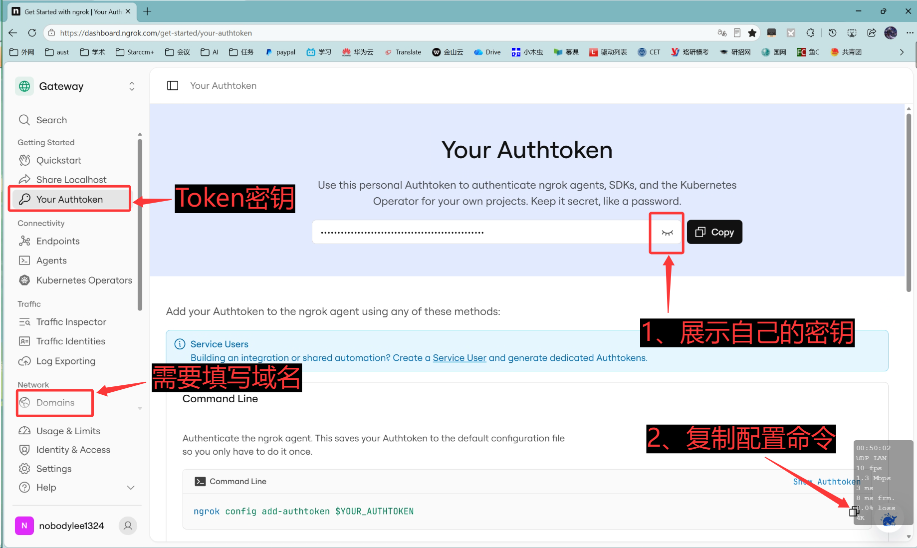 Ngrok Authtoken 页面:展示密钥并复制配置命令